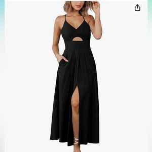 Black Spaghetti Strap Maxie Dress, V Neck cutout with Pockets, size L